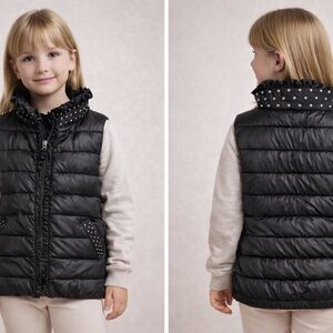 Kate Mack Black Puffer Vest with Polka Dot Ruffle